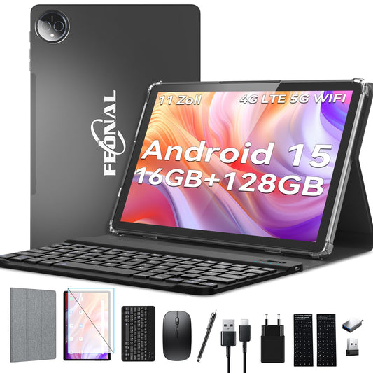 2025 Latest Tablet 11 inch Android 15 Tablets, Tablet with Keyboard Mouse, 5G Wifi Tablet PC With 16GB+128GB(1TBTF), 4G LTE Tablets With 2 SIM 1 SD slot-Octa-core, 1080FHD, 13+8MP, 7000mAh, Type-C/GPS/OTG-Grey