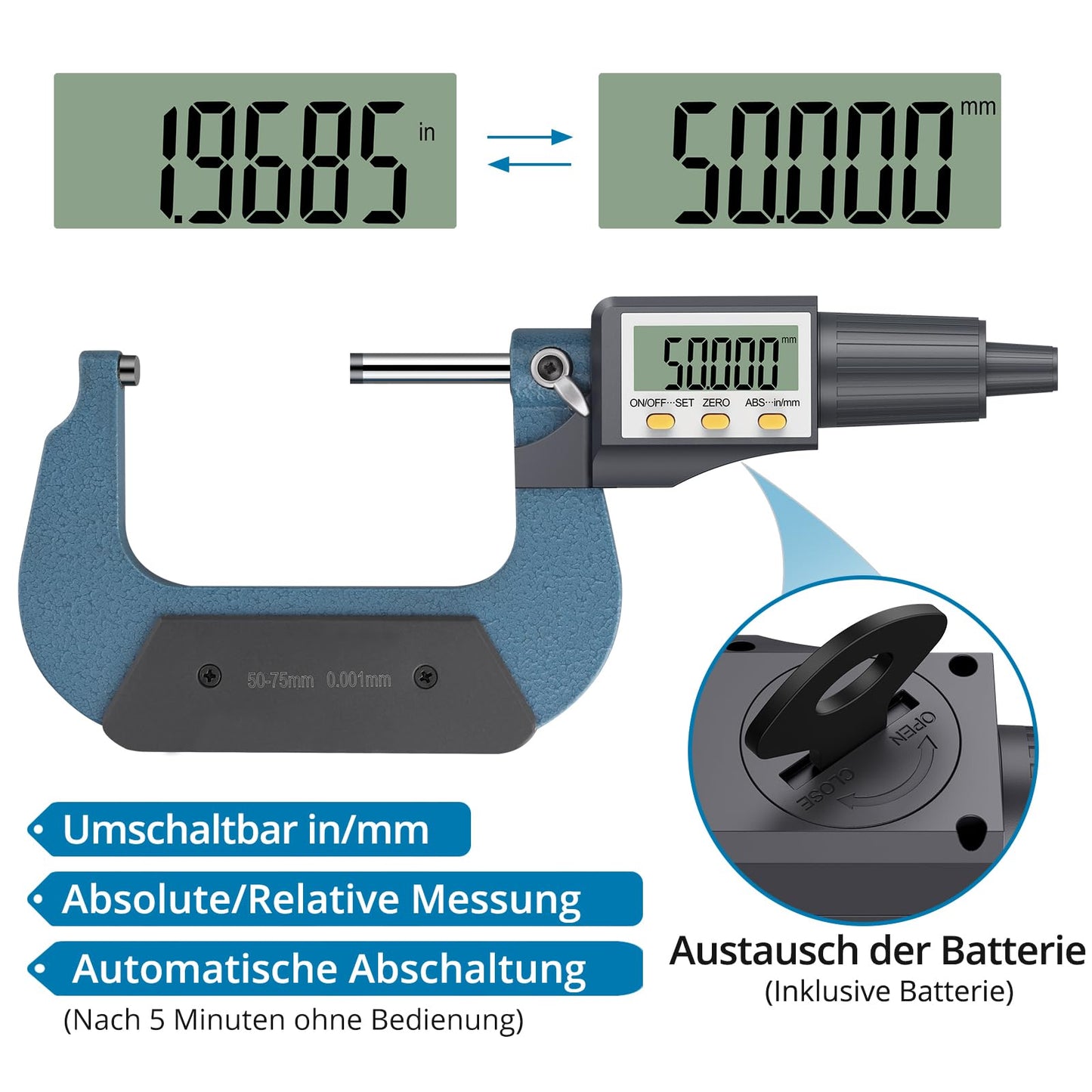 AUTOUTLET Micrometer Digital Micrometer Caliper 50-75mm/0.001mm, High Precision LCD Digital Micrometer Caliper Length Measuring Tool Micrometer 0.001mm (0.00005")