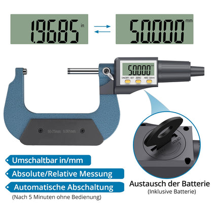 AUTOUTLET Micrometer Digital Micrometer Caliper 50-75mm/0.001mm, High Precision LCD Digital Micrometer Caliper Length Measuring Tool Micrometer 0.001mm (0.00005")