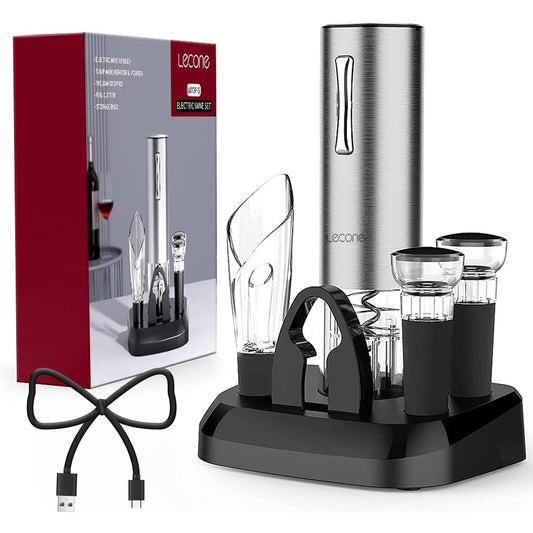 Lecone 7 in 1 Electric Corkscrew Set, Stainless Steel Electric Corkscrew Bottle Opener, Automatic Wine Opener with USB Charging Gift Set, for Home, Restaurant, Party.