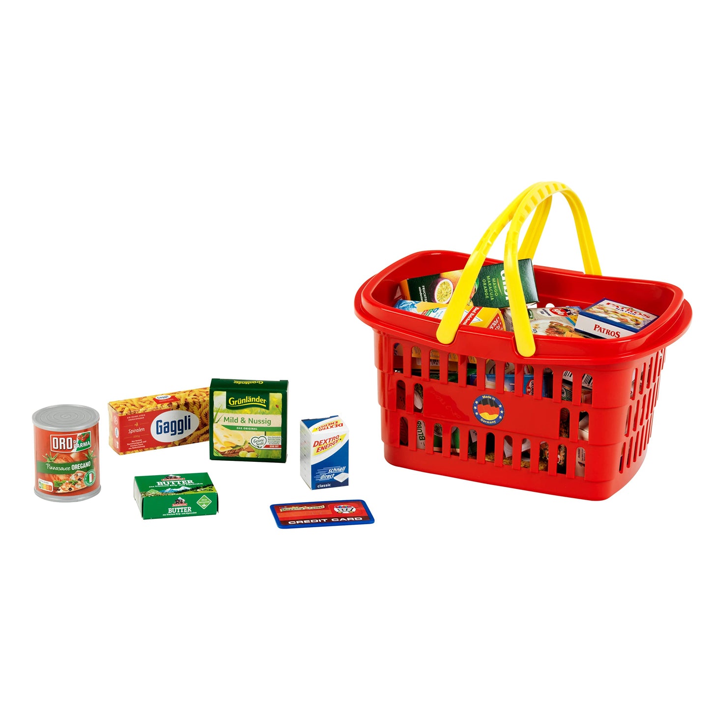 Theo Klein 7218 shopping basket filled with German products for play grocery store. Toy for children aged 2 years and up.