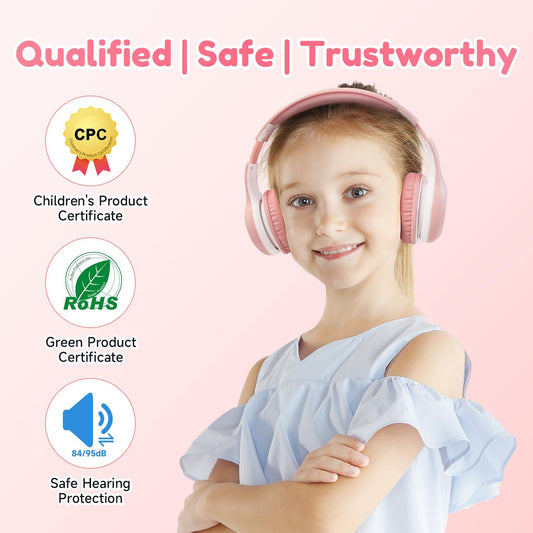 EarFun Bluetooth headphones for kids, 85/94dB volume control, HiFi sound, HD microphone, 40 hrs battery, foldable, adjustable, wireless Bluetooth headphones for school/travel, Pink