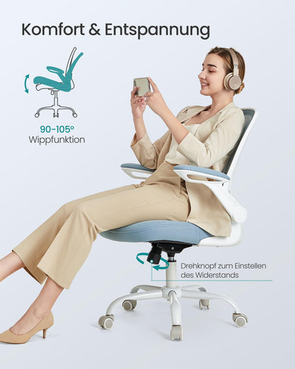 SONGMICS ergonomic office chair with mesh, lumbar support, rocking function, 53 cm wide seat, foldable armrests, for work and bedroom, students, misty blue OBN037Q01