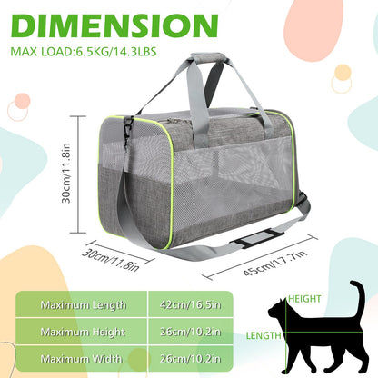 Lannvan pet carrier for cats and dogs up to 6.5kg. Breathable and foldable, with removable plush pad. Ideal for camping, traveling, or visiting the vet. Dimensions: 45x30x30cm, in grey color.