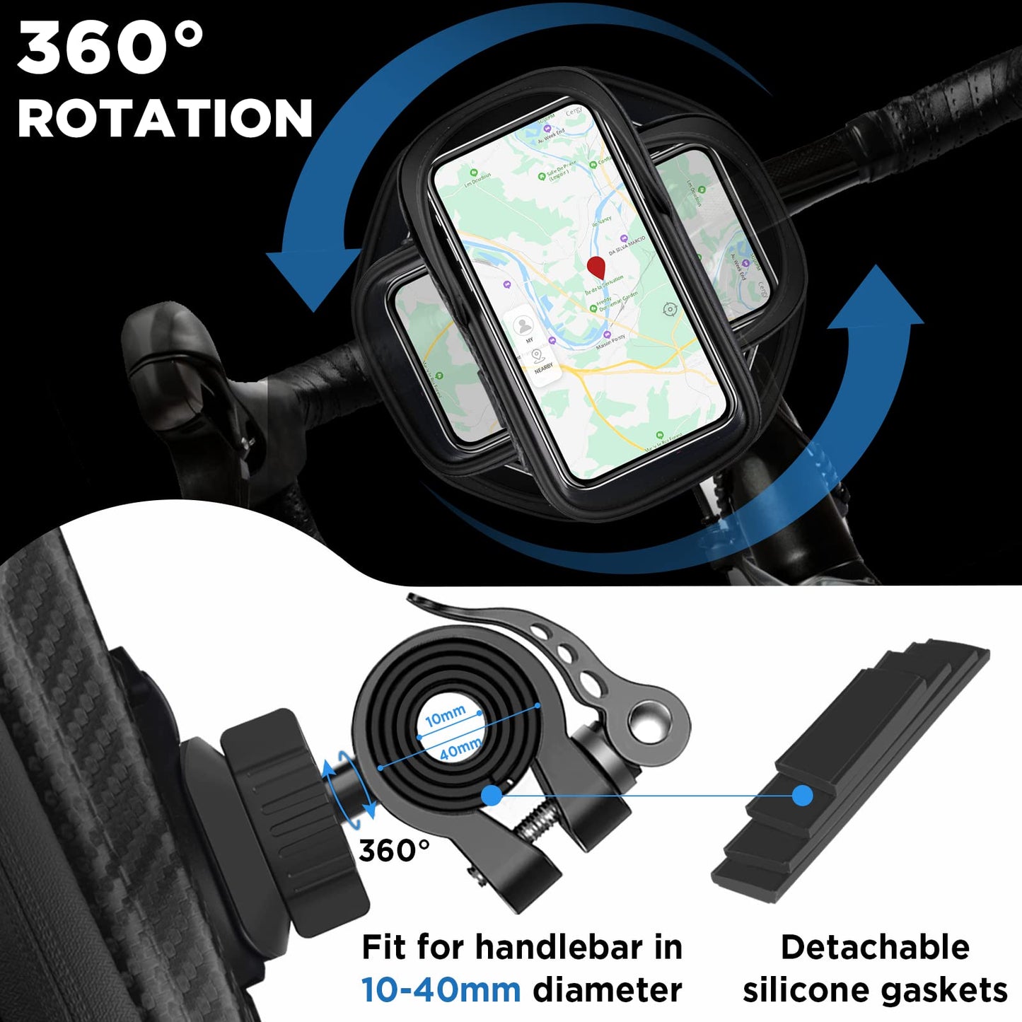 Waterproof bicycle phone mount with 360° rotatable design fits 4.7-7 inch smartphones. Includes rain cover for protection. Ideal for motorcycle or bike handlebars.