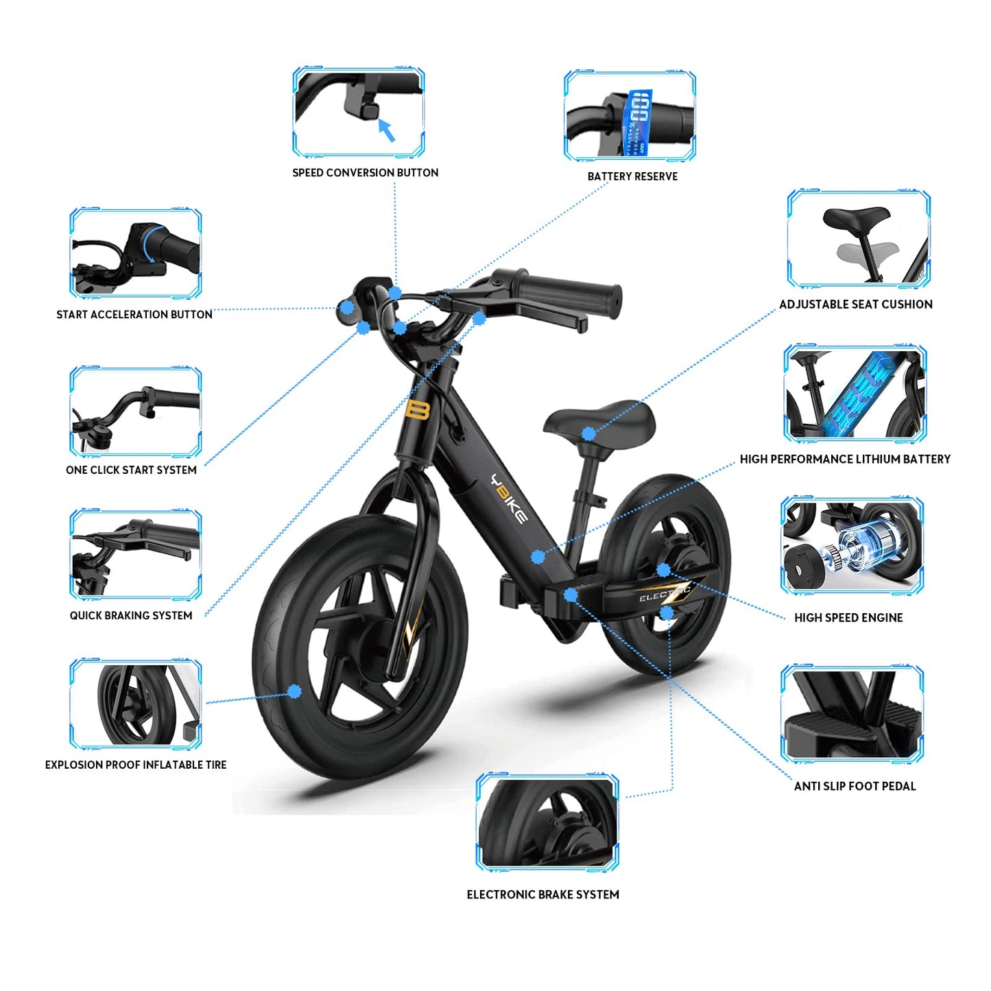 YBIKE balance bike, 12-inch electric balance bike for ages 3-5, kids electric balance bike with adjustable seat, training vehicle for children, boys and girls
