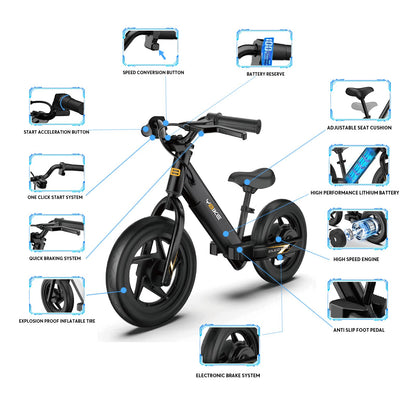 YBIKE balance bike, 12-inch electric balance bike for ages 3-5, kids electric balance bike with adjustable seat, training vehicle for children, boys and girls