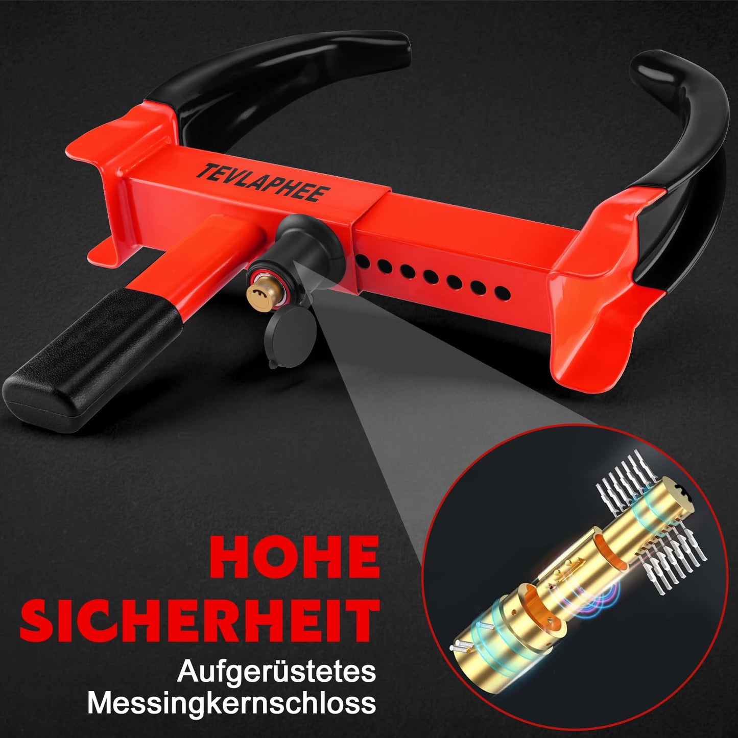 Tevlaphee Wheel Clamp with safety lock and 3 keys for cars, trailers, and caravans - tire width 19-30cm - Wheel lock tire clamp anti-theft security device (Black & Red)