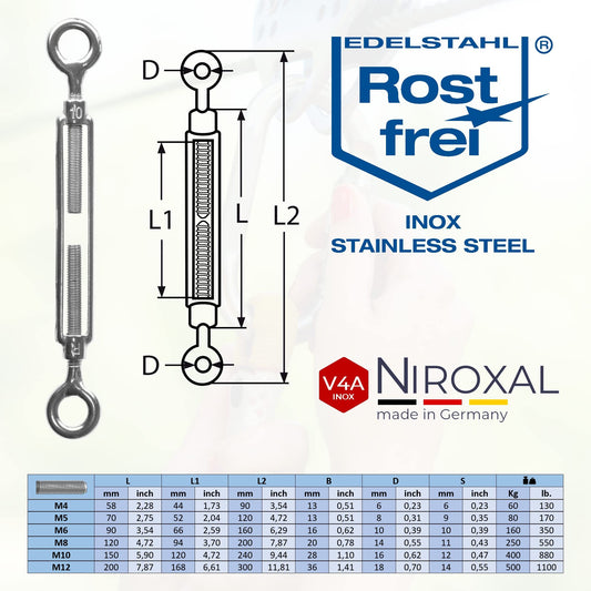 5 stainless steel turnbuckles with two eyes, rustproof in V4A according to DIN 1480 1478. Cable tensioner eye-eye screw tensioner tensioning screw M 8 mm.