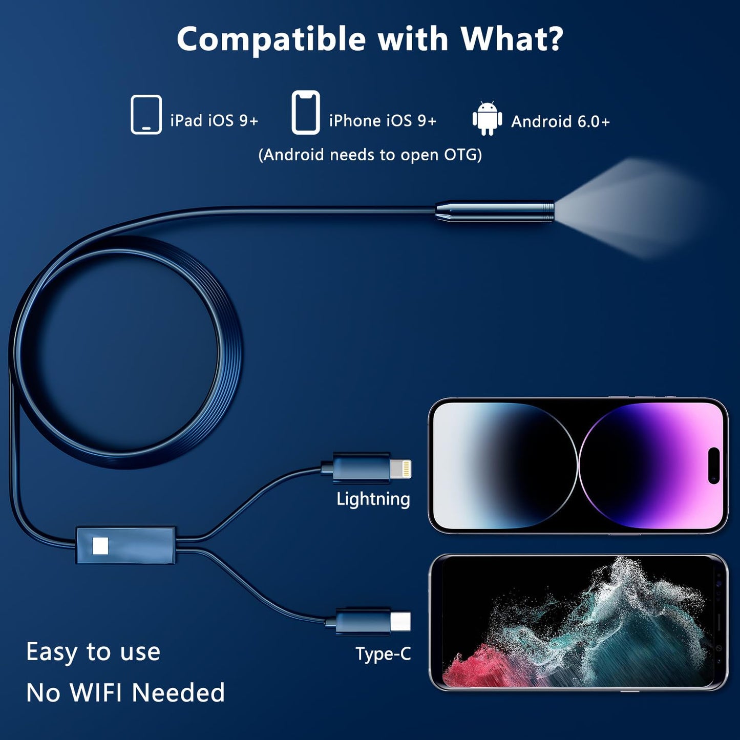 Endoscope camera with light, Colofree HD endoscope camera for phone Waterproof IP67 No WiFi No charging required Inspection camera Drain camera for Android & iOS (16.4 FT/5M)