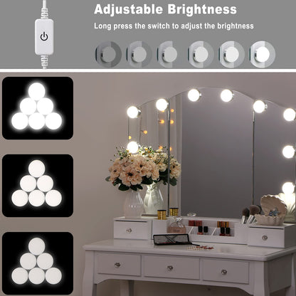 ANWBROAD Vanity Table with Lighted Mirror Tri-Folding Makeup Vanity Set 10 LED Bulbs 5 Drawers 2 DIY Dividers Cushioned Stool Removable Organizer White BDT05W
