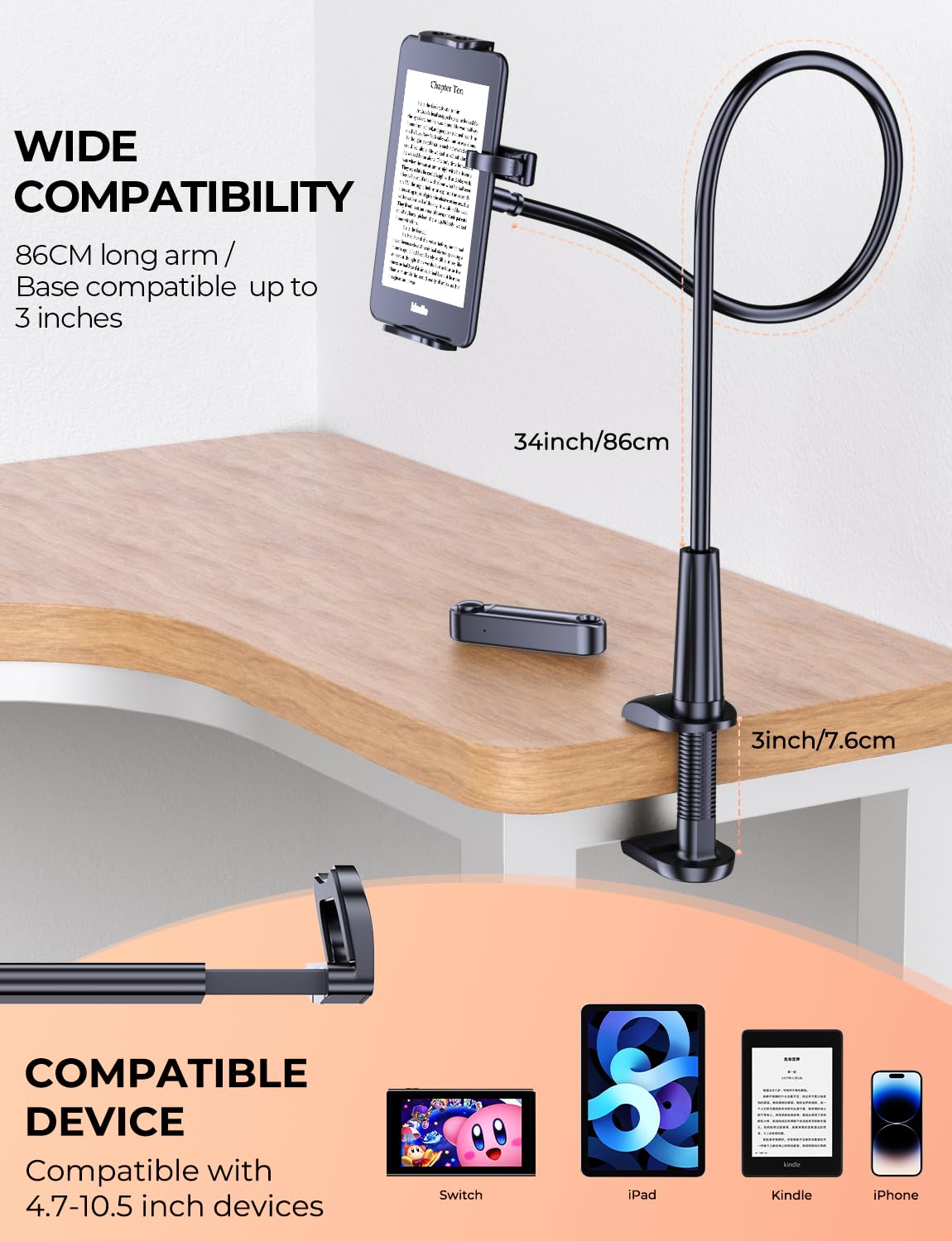 TRYONE Tablet Stand with RF Remote, adjustable swivel for reading on Kindle or eReaders. Includes Page Turner, suitable for Kindle Paperwhite, Oasis, Kobo, Pocketbook, and Tolino.