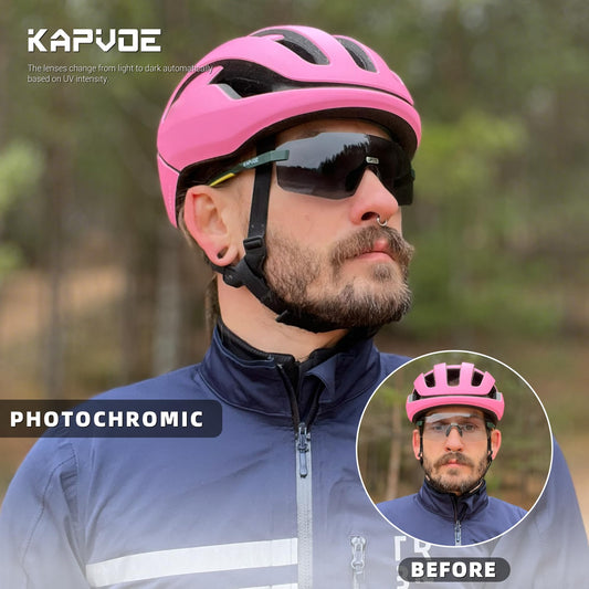 KAPVOE photochromatic self-tinting cycling glasses for men and women. Clear road bike glasses, MTB sports glasses. UV400 protection, frameless transparent lenses for outdoor sports. K341.