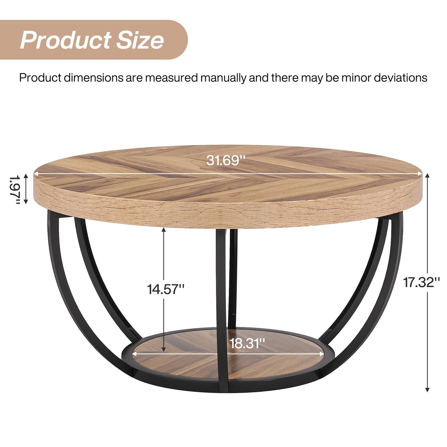 Tribesigns Round Coffee Table, Industrial 2-Tier Circle Coffee Table with Storage Shelves, Modern Wood Accent Center Table Sofa Side Table for Living Room, Home Office