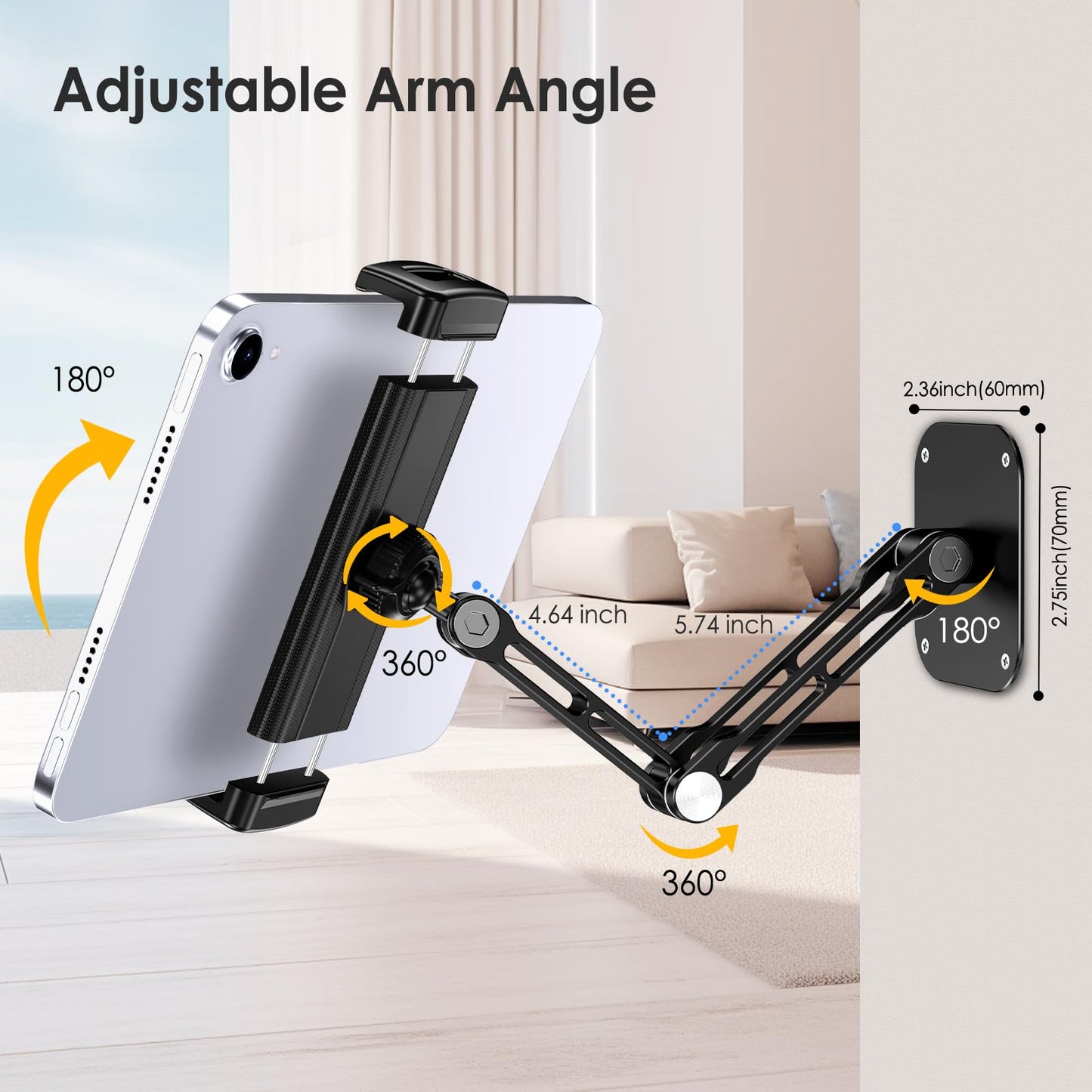 Lucrave Tablet Wall Mount, Aluminum retractable iPad Wall Mount, with 360° rotatable base adjustable and foldable for iPad Pro Air Mini, Samsung Galaxy Tab, all 4.7-13" phones and tablets