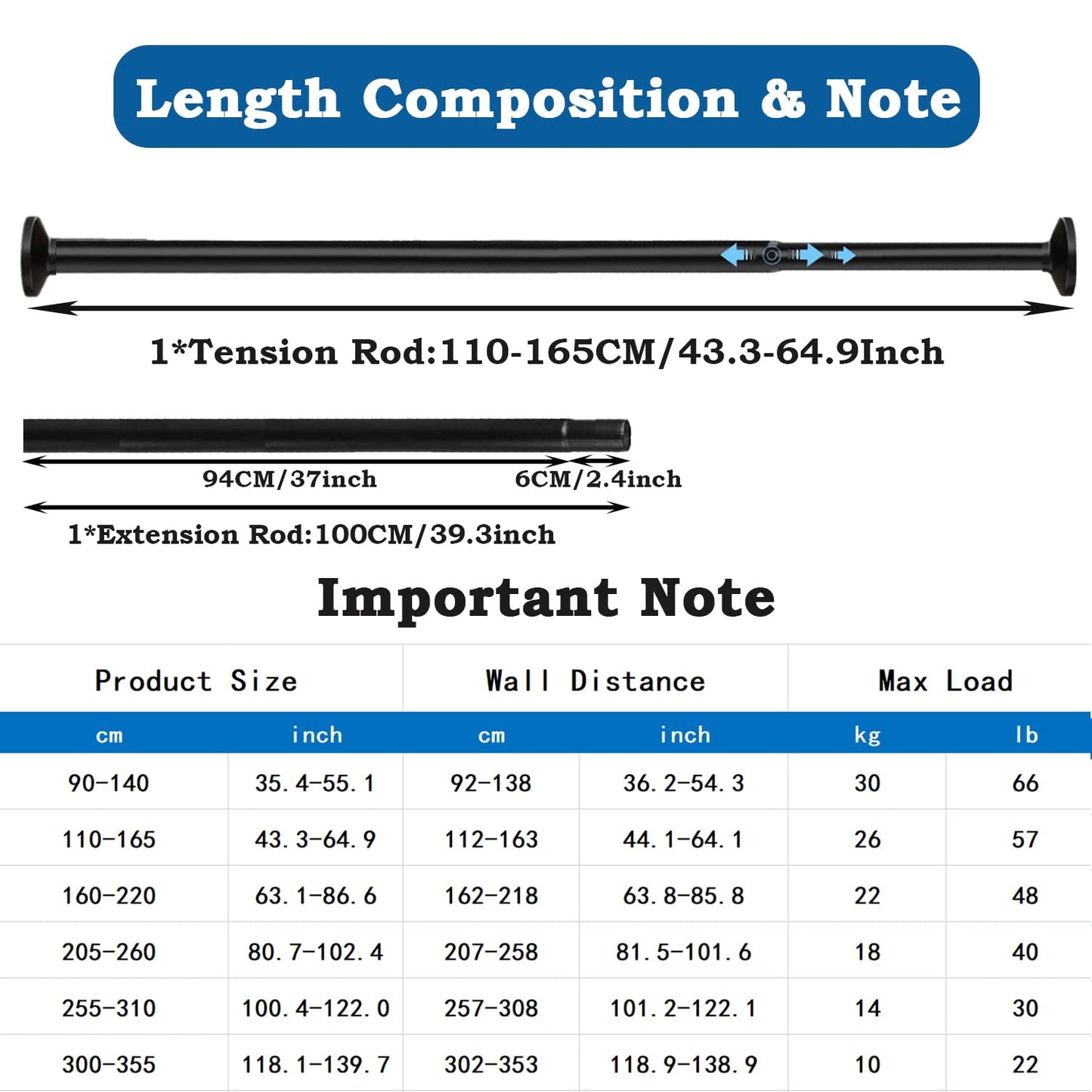 Automg Curtain Rod Extra Long Shower Rod without Drilling Telescopic Rod Curtain Rod for Bathroom, Bedroom White (205-260CM Φ32mm)