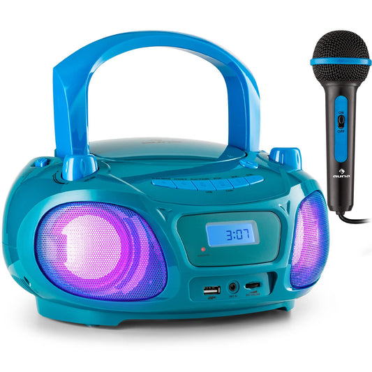 Auna portable radio for kids with CD player, microphone, and USB, 3W boombox with Bluetooth function, AUX/FM radio portable with LED display, MP3, 5.0 streaming, CD-radio for girls and boys.