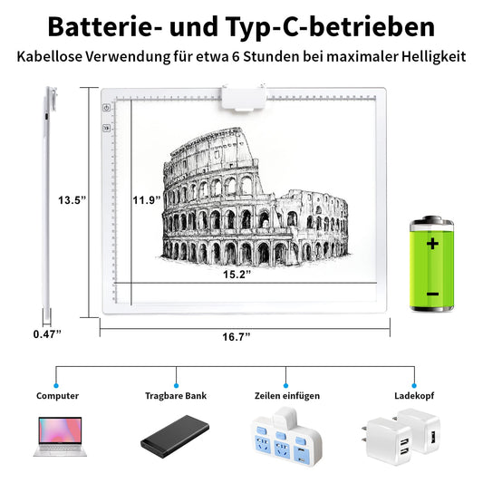 A3 light table, rechargeable LED light pad with 3 color modes and 6 brightness levels. Ideal for tracing, diamond painting, drawing, and sketching.