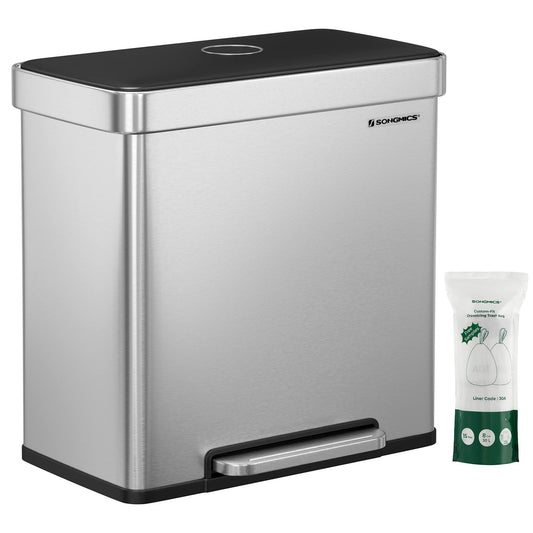SONGMICS Kitchen Trash Can, 2 x 30L, Waste Separation System, 2 Compartments, 15 Trash Bags, Stainless Steel Trash Can, Plastic Inner Bucket, with Lid, Soft-close, 58 x 31.5 x 59 cm, silver LTB202E01