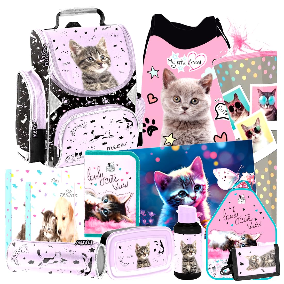 Cat 12 Piece Set School Bag Backpack School Backpack Backpack Pencil Case Satchel School Cone 85 cm with Stickers by Kids4shop