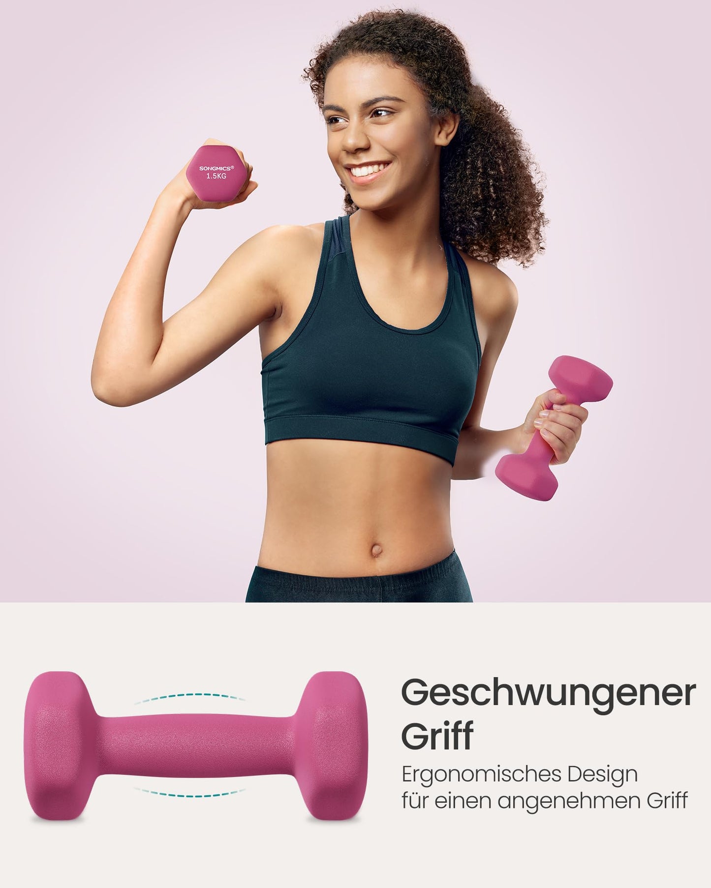SONGMICS Dumbbell Set, Hexagon, with Dumbbell Stand, 2 x 1 kg, 2 x 1.5 kg, 2 x 2 kg, matte finish, Neoprene coating, strength training, at home, lime green, yellow, pink, and purple SYL609B02