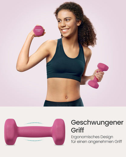 SONGMICS Dumbbell Set, Hexagon, with Dumbbell Stand, 2 x 1 kg, 2 x 1.5 kg, 2 x 2 kg, matte finish, Neoprene coating, strength training, at home, lime green, yellow, pink, and purple SYL609B02