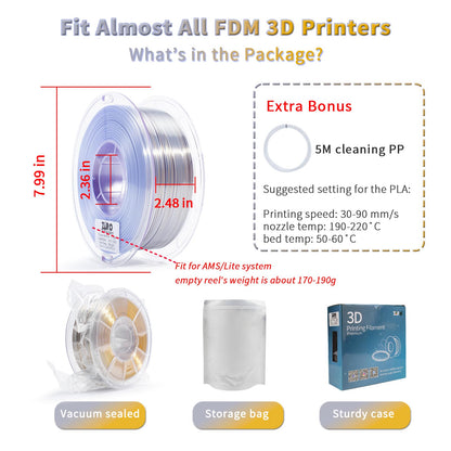 ZIRO PLA Filament Dual Color Coextrusion Silk 3D Printer Filament 1.75mm for 3D Printers & 3D Pens, Multicolor PLA Rainbow Filament, 1kg (2.2lbs), Gold & Silver Color