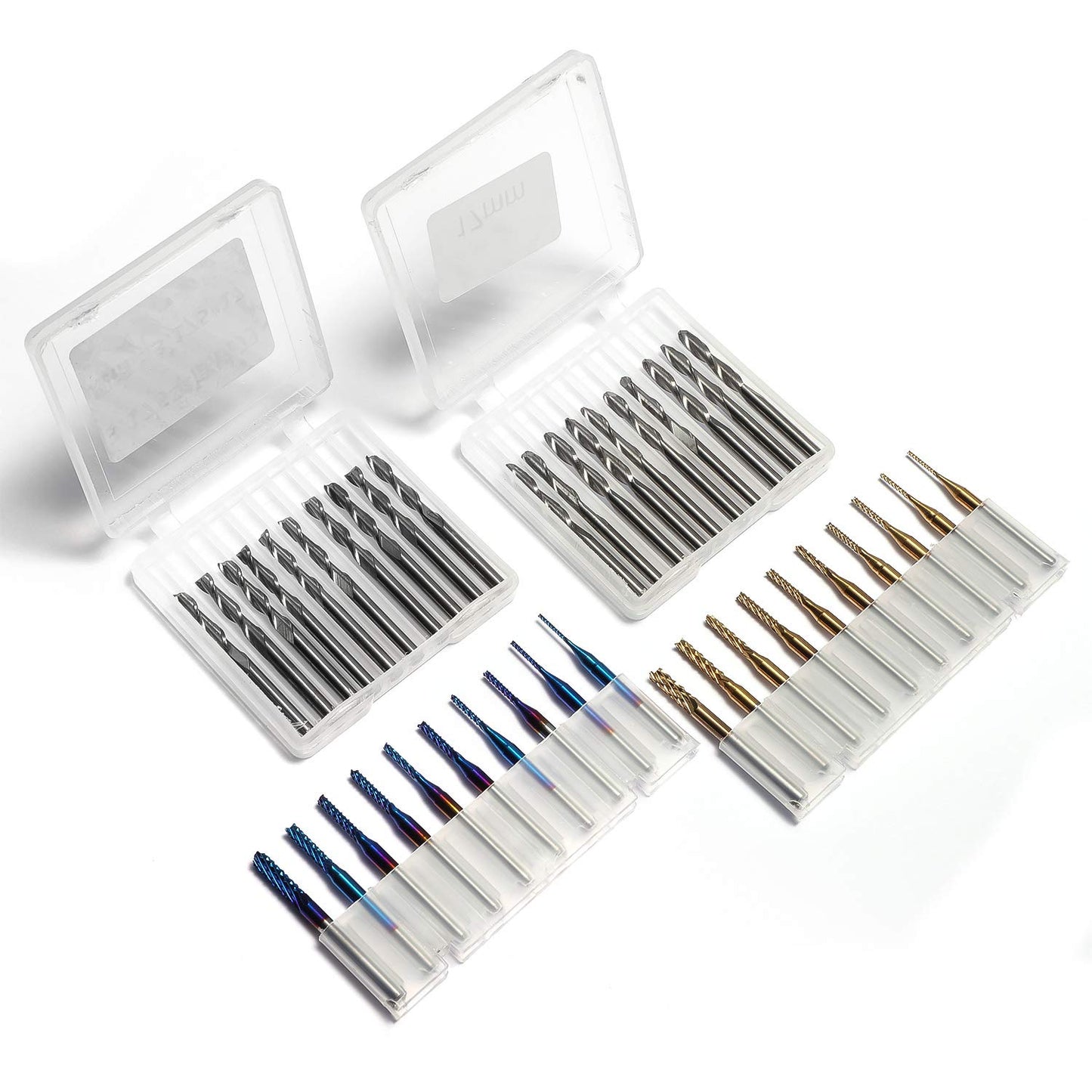 Genmitsu end mill set with a total of 40 CNC router bits, 3.175mm (1/8") shank, CNC end mill set with 2-flute flat and ball nose end mills, Nano Blue coating & titanium coating, MC40A