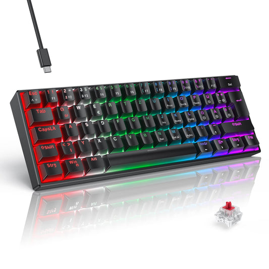 TECURS Mechanical Gaming Keyboard, Mechanical Keyboard 60 Percent QWERTZ Red Switches for PC Gamers and Work, 61 Keys Wired Keyboard for PC Windows/PS5/PS4, Black