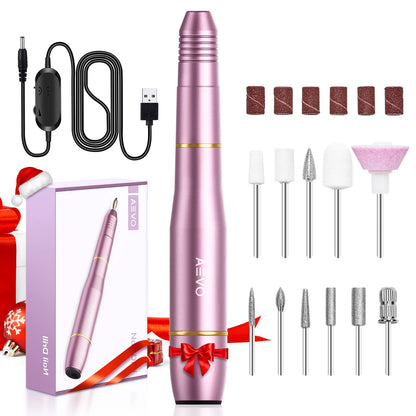 AEVO Portable Electric Nail Drill Set/ professional compact electric nail file for pedicure manicure/ grinder for acrylic gels callus, USB powered, 11 drill bits/ for home