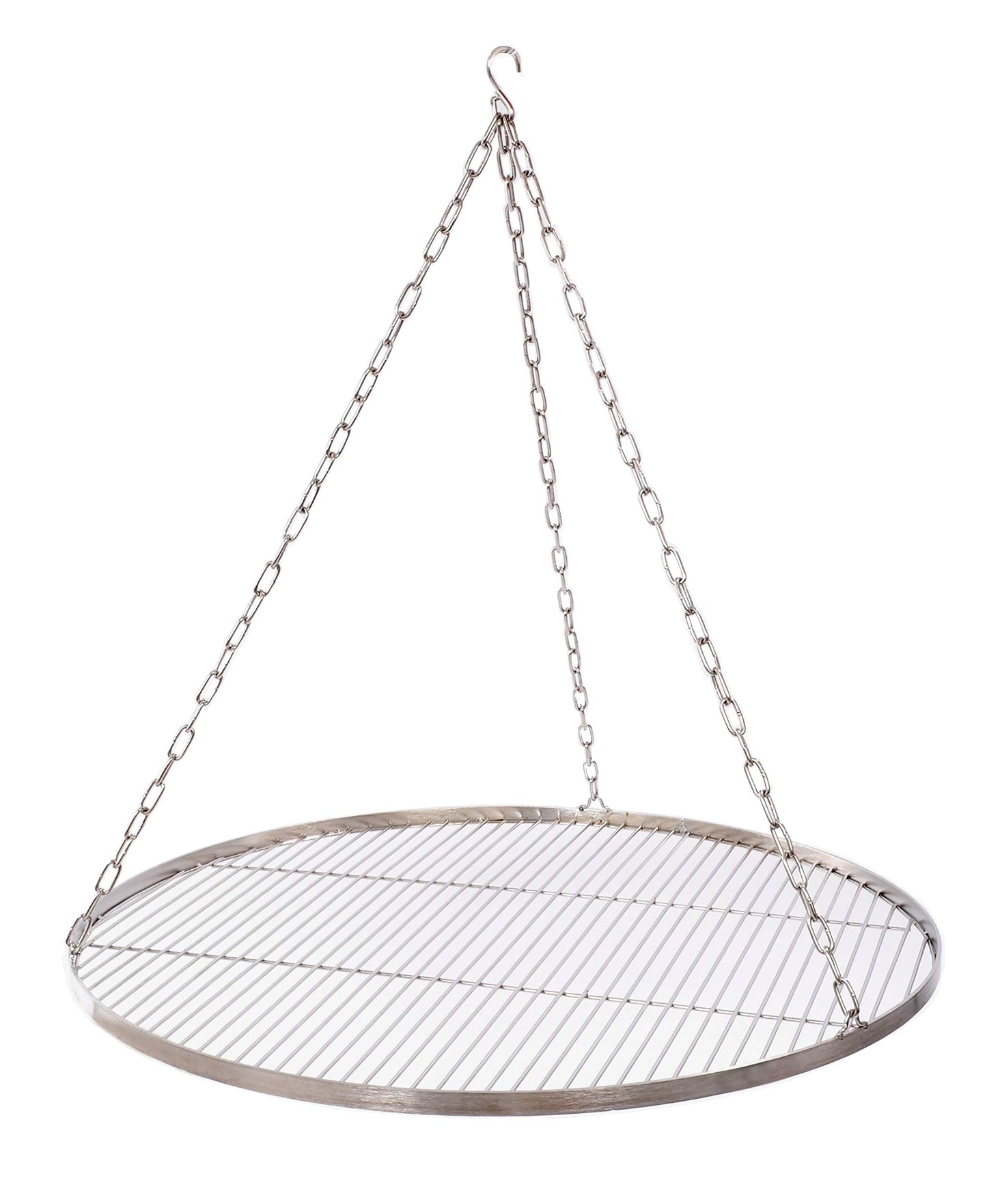 70 cm stainless steel grill grate for tripod swing grill, with chain and 14 mm rod spacing.