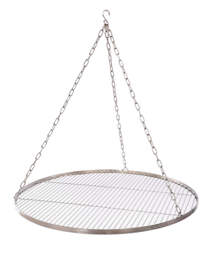 70 cm stainless steel grill grate for tripod swing grill, with chain and 14 mm rod spacing.
