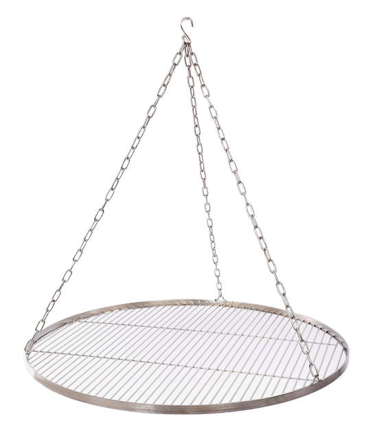 70 cm stainless steel grill grate for tripod swing grill, with chain and 14 mm rod spacing.