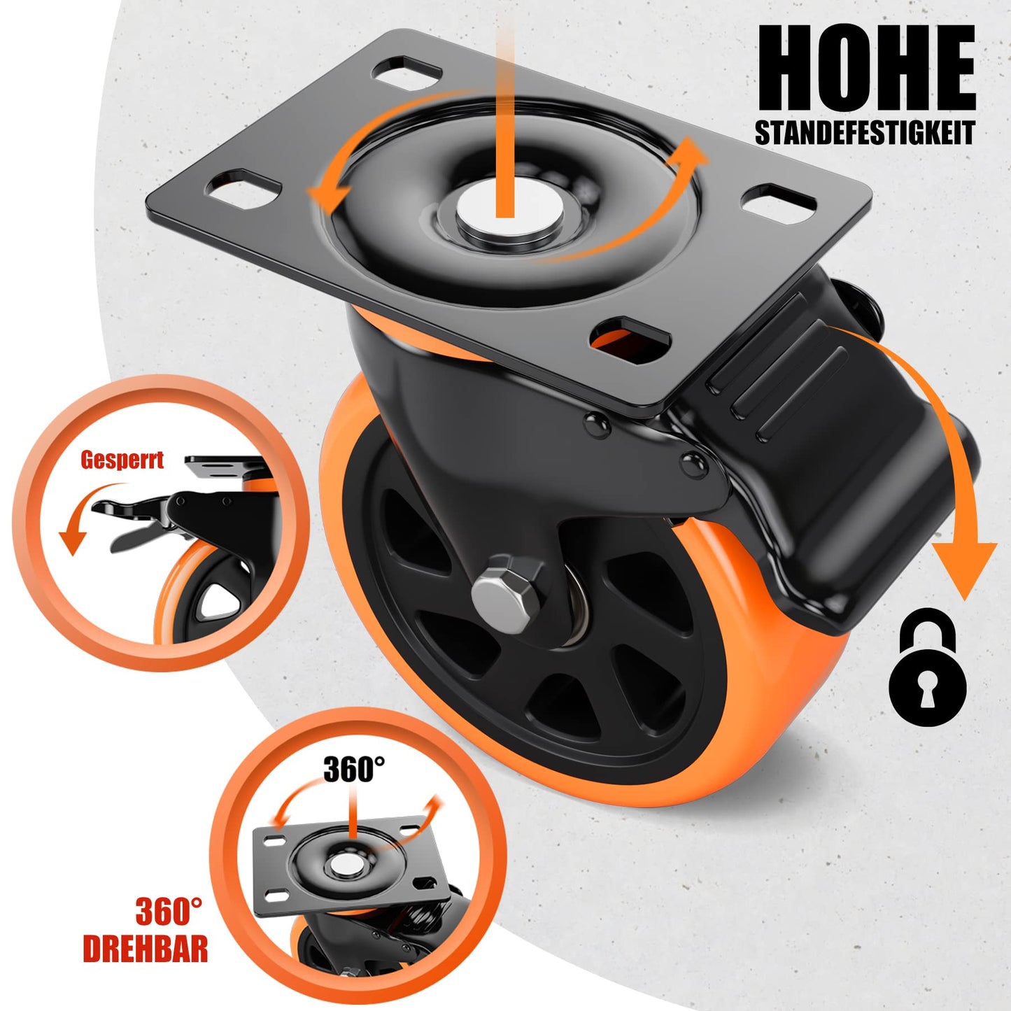 4 heavy-duty casters 75mm with brakes including mounting accessories swivel casters 360° rotation up to 480KG capacity for furniture transport & industrial transport