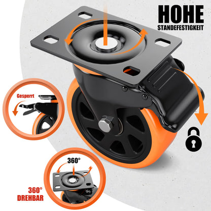 4 heavy-duty casters 75mm with brakes including mounting accessories swivel casters 360° rotation up to 480KG capacity for furniture transport & industrial transport