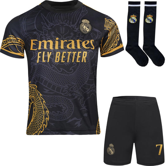 BlackAzat 2023/2024 Madrid #7 Vini Jr. Vinicius Kids Soccer Jersey Special Golddragons Edition, Shorts Socks Youth Sizes (Black, 24)