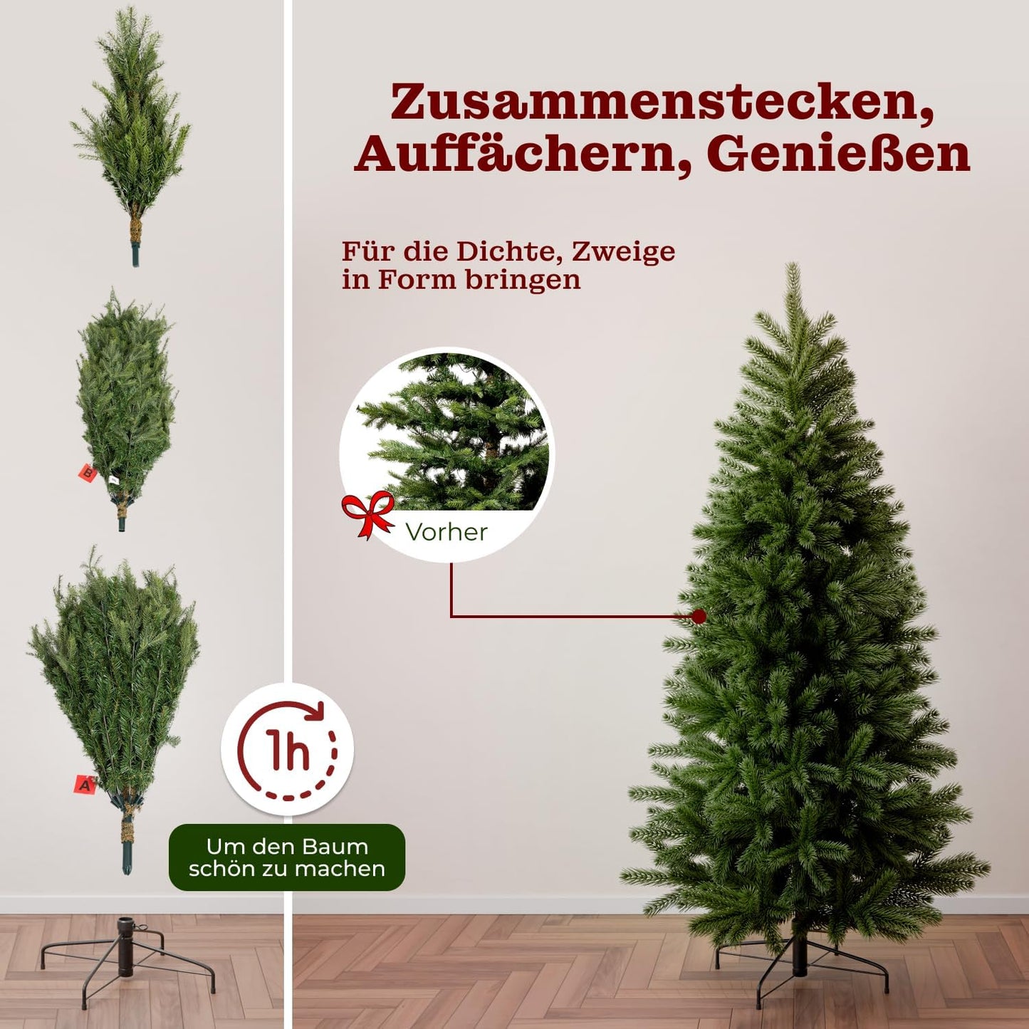 Artificial Christmas tree with lighting - [100% injection molding] - 210 cm high with 500 LEDs - lifelike fir tree - with integrated string lights - Christmas tree with stable metal stand