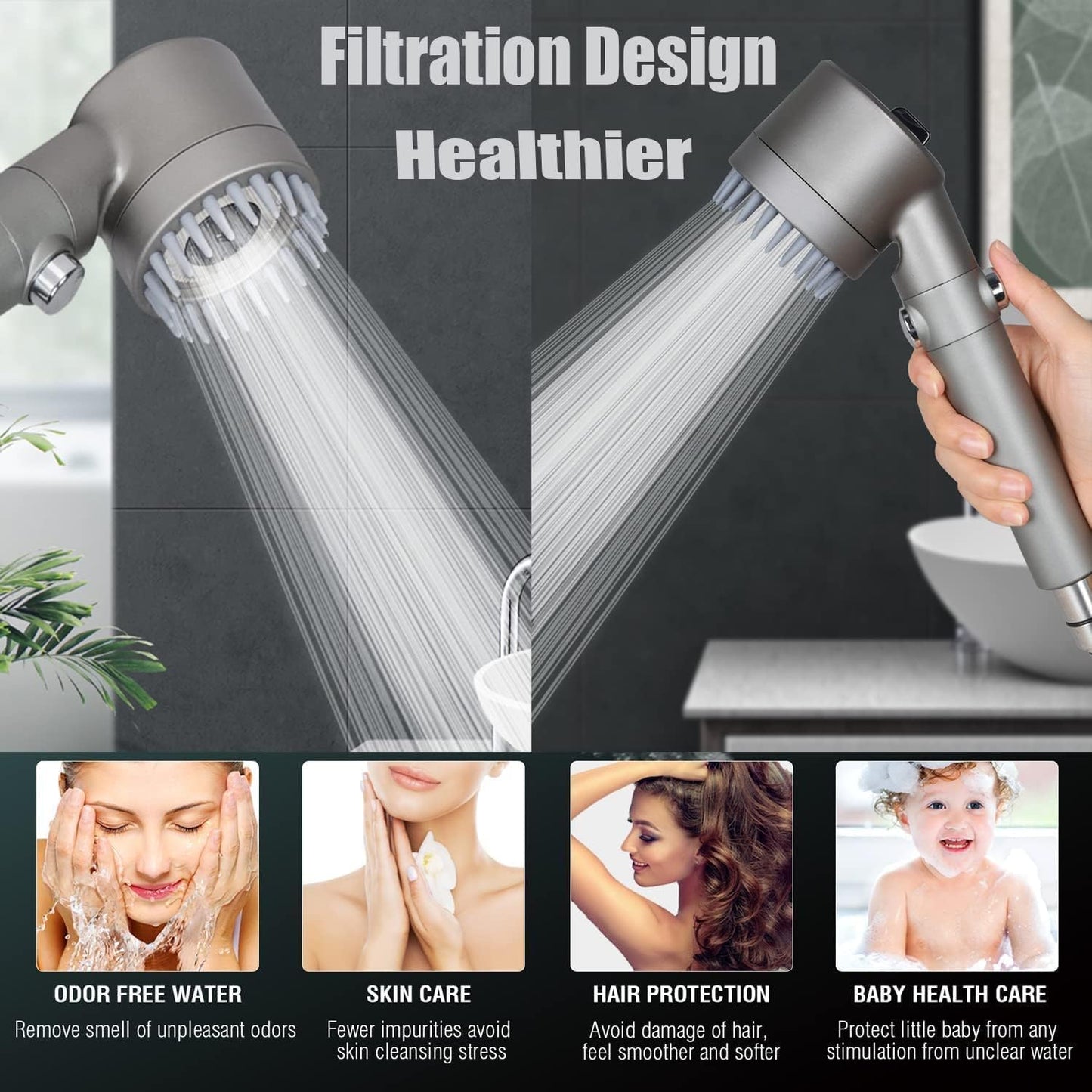 ButterFox shower head with filter, high pressure handheld shower head with hose, 4 spray modes water-saving shower head with 15-layer filtration, adjustable shower head for adults, children, pets.