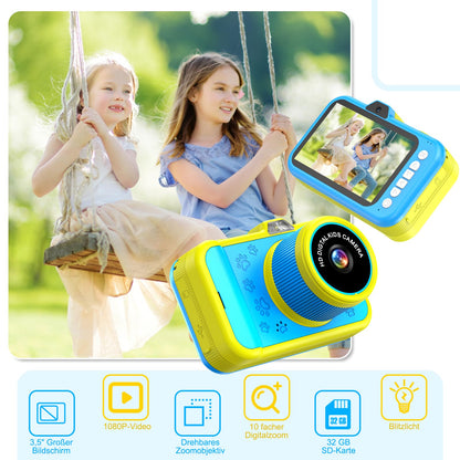 Children's camera with 3.5" display | 360° zoom lens | Selfies & LED flash | Digital camera with 32GB card | Toy for kids 3-12 | Blue