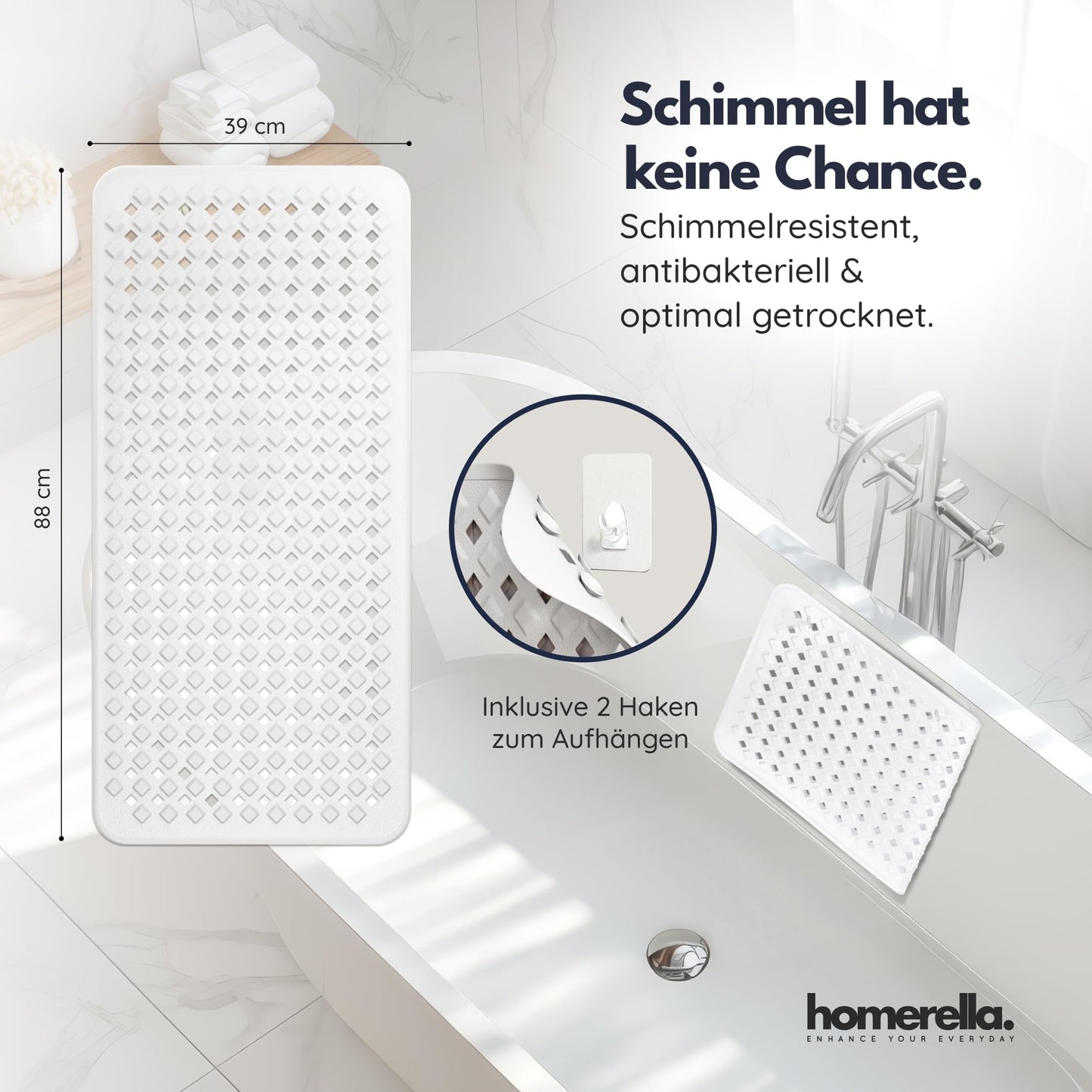 homerella® non-slip bathtub mat 88x39cm, INCLUDES HOOK, Non-slip bath mat BPA free, Non-slip shower mat, Anti-slip bathtub mat, Non-slip bathtub mat, mold resistant & machine washable