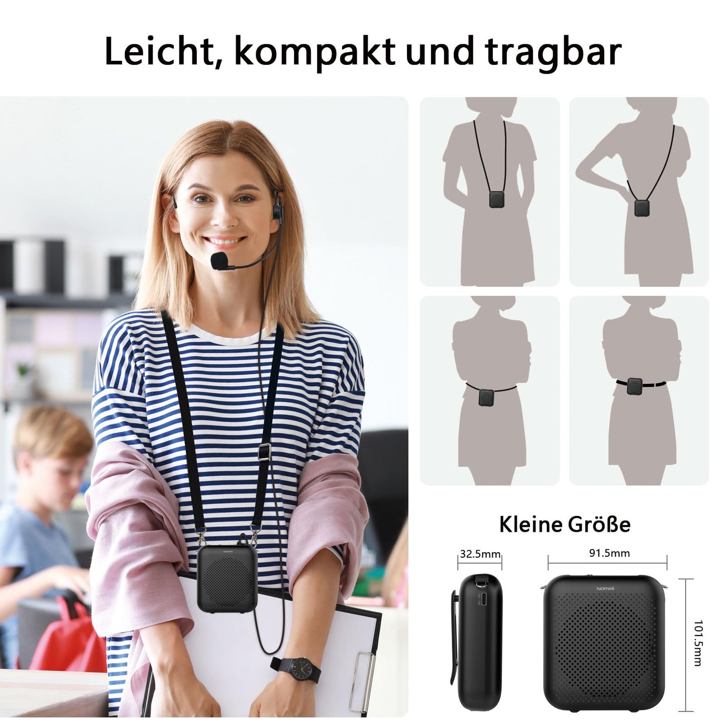 Norwii Language Amplifier, PA Amplifiers, Portable Mini Cable Microphone Headset for teachers in the classroom and outdoor lectures, teaching, tour guides, USB-C rechargeable.
