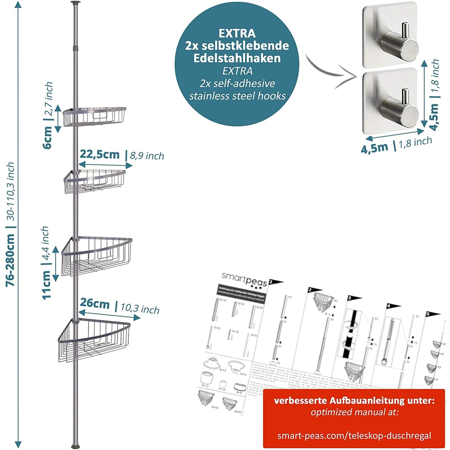 smartpeas telescopic shower caddy without drilling - 4 baskets - adjustable size from 76 to 280 cm - rubberized end caps - powder-coated steel with chrome finish + 2 adhesive hooks