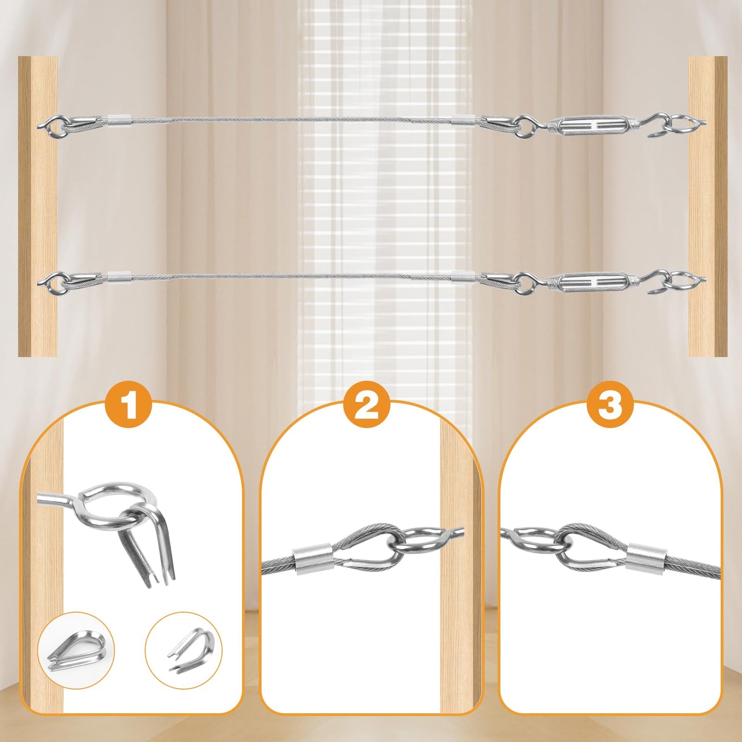 VIGRUE 32ft 3mm Wire Rope Kit, 304 Stainless Steel Thickened Wire Rope Tensioner, Steel Rope Covered, with Eyelets Cable Tensioning Kit Turnbuckle and Lever for Party, Festival, Wedding, Staircase, Camping.