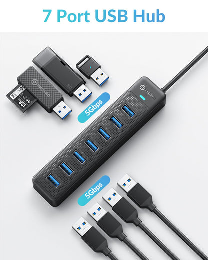 PHIXERO 7 Port USB Hub, 100CM Long Cable USB 3.0 Hub USB Distributor Adapter, Super Speed 5Gbps Data Hub, Compatible with All USB Port Devices
