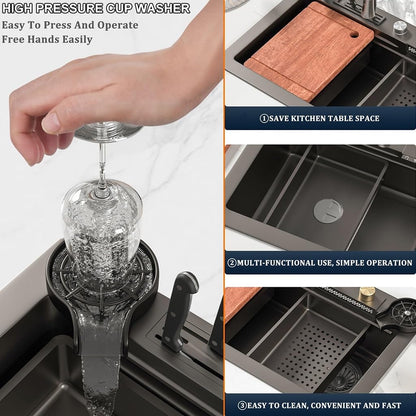 304 stainless steel waterfall sink with digital display, bar sink with tool holder, nano-coated workstation sink with pull-out faucet and cup washing system (size: 75 x 46 x 21 cm).