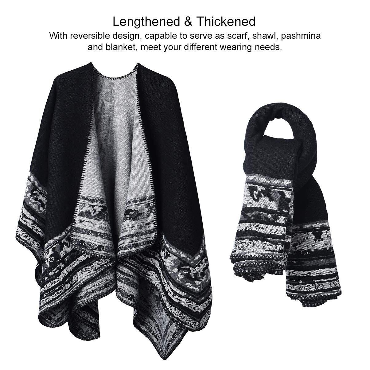 Winter Warm Poncho Scarf Wrap - Autumn Open Front Cape Windproof Knit Wool Coat Blanket Cape Scarf Oversized Winter Blanket Reversible Scarf Thick Cardigan Coat for Women Girls Festive Gifts
