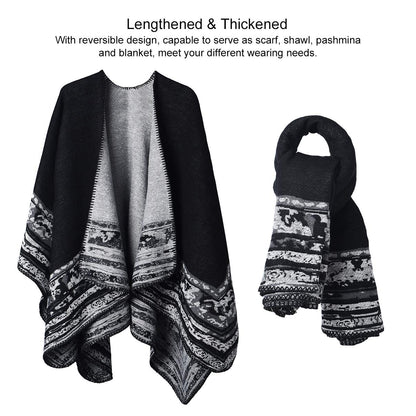 Winter Warm Poncho Scarf Wrap - Autumn Open Front Cape Windproof Knit Wool Coat Blanket Cape Scarf Oversized Winter Blanket Reversible Scarf Thick Cardigan Coat for Women Girls Festive Gifts