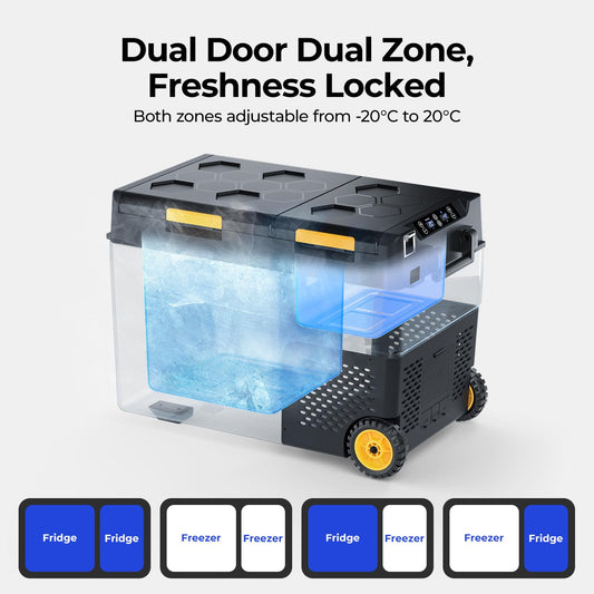 BougeRV CRD2 compressor refrigerator 49L with freezer compartment, dual doors, dual zones (improved aluminum handle). Car fridge with wheels, 12V/24V 230V, camping electric cooler with APP control, -20°C~20°C.