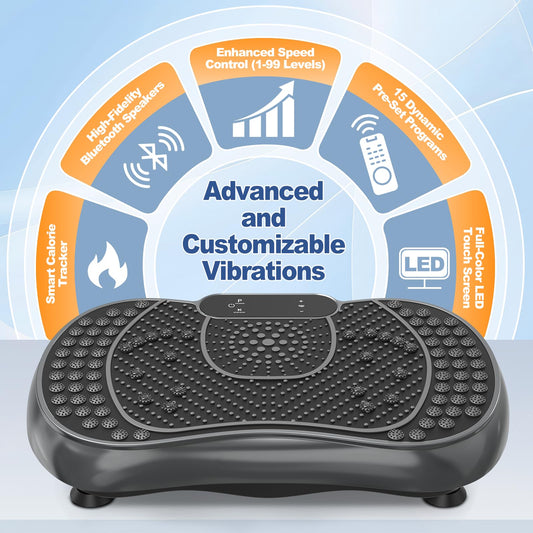 HomeFitnessCode vibration plate with Bluetooth - at-home vibration device with 99 intensity levels + 5 pre-programmed fitness modes for full-body training, weight loss, and muscle building (Black)