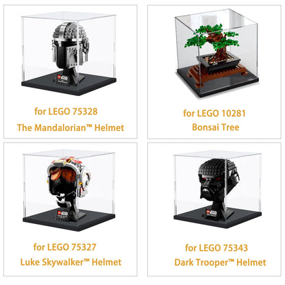 Acrylic display case for Lego 10309 21265 75328 76428 Helmet, glass showcase acrylic box transparent cube for figure collector's toys with wood-plastic base, black interior 20x20x20 cm